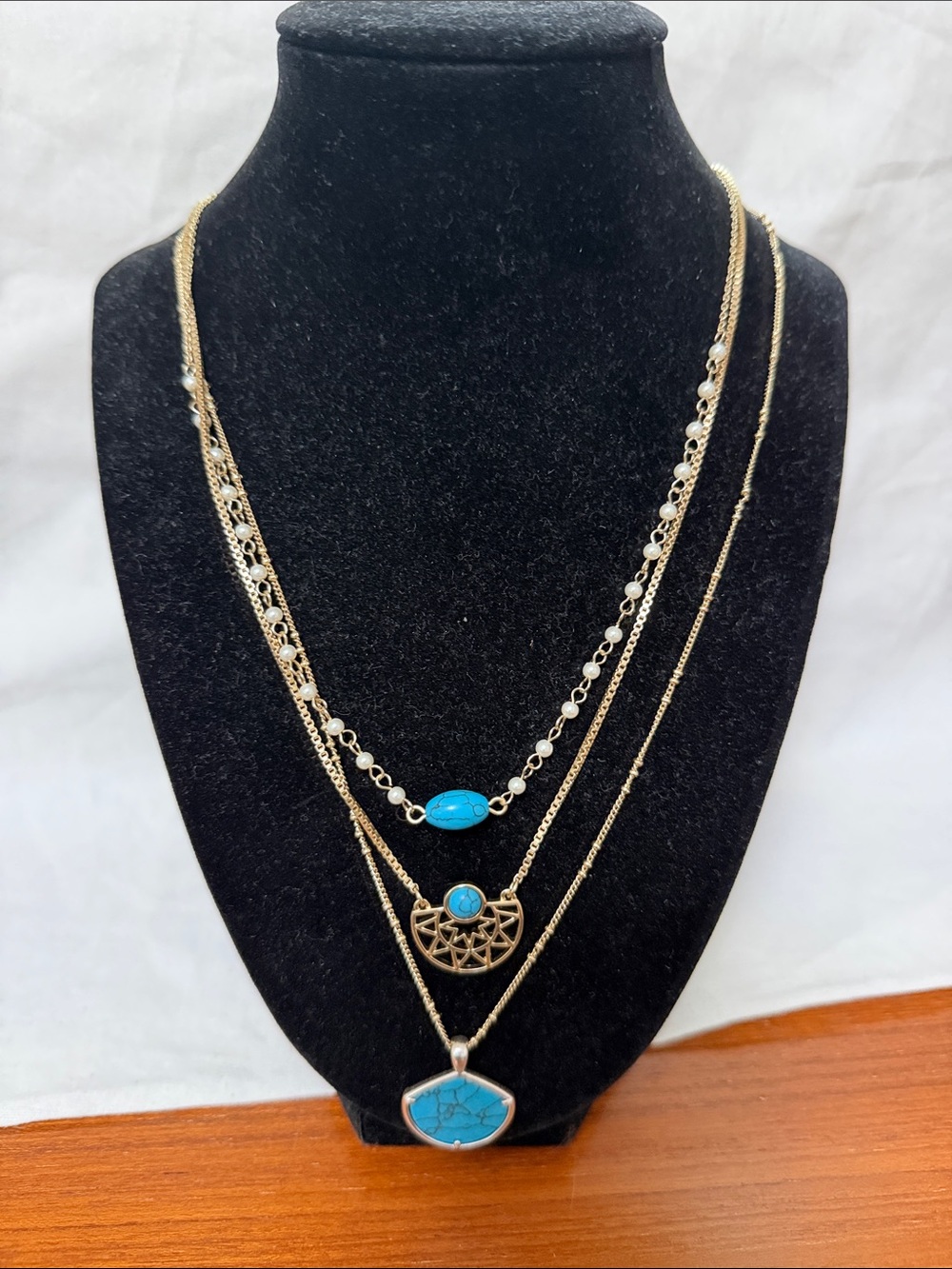 Gold-Tone Layered Necklace with Turquoise Accents
